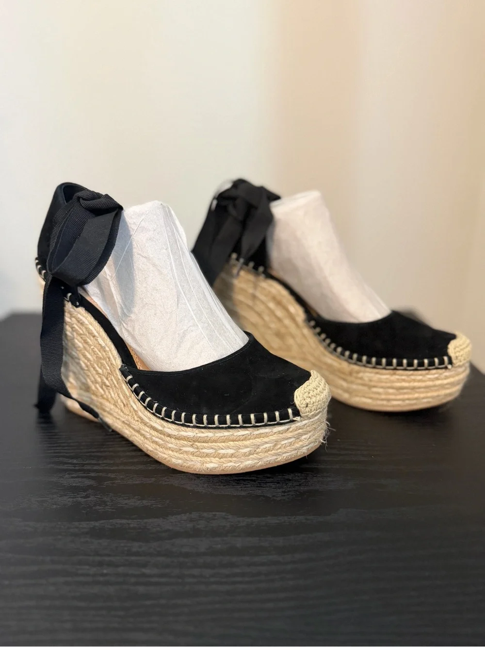 Steve Madden Black Suede Espadrille Wedge Sandals with Rope Platform